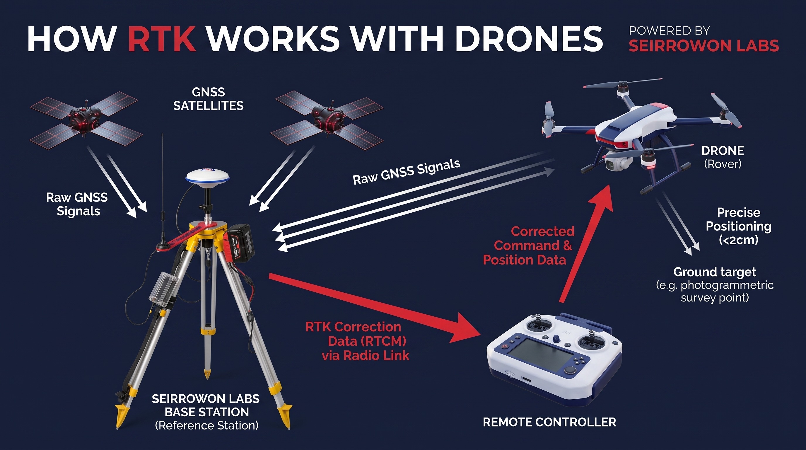 Diagram showing how GNSS satellites, a Seirrowon Labs base station, a remote controller, and a drone exchange raw signals and RTK correction data for precise positioning