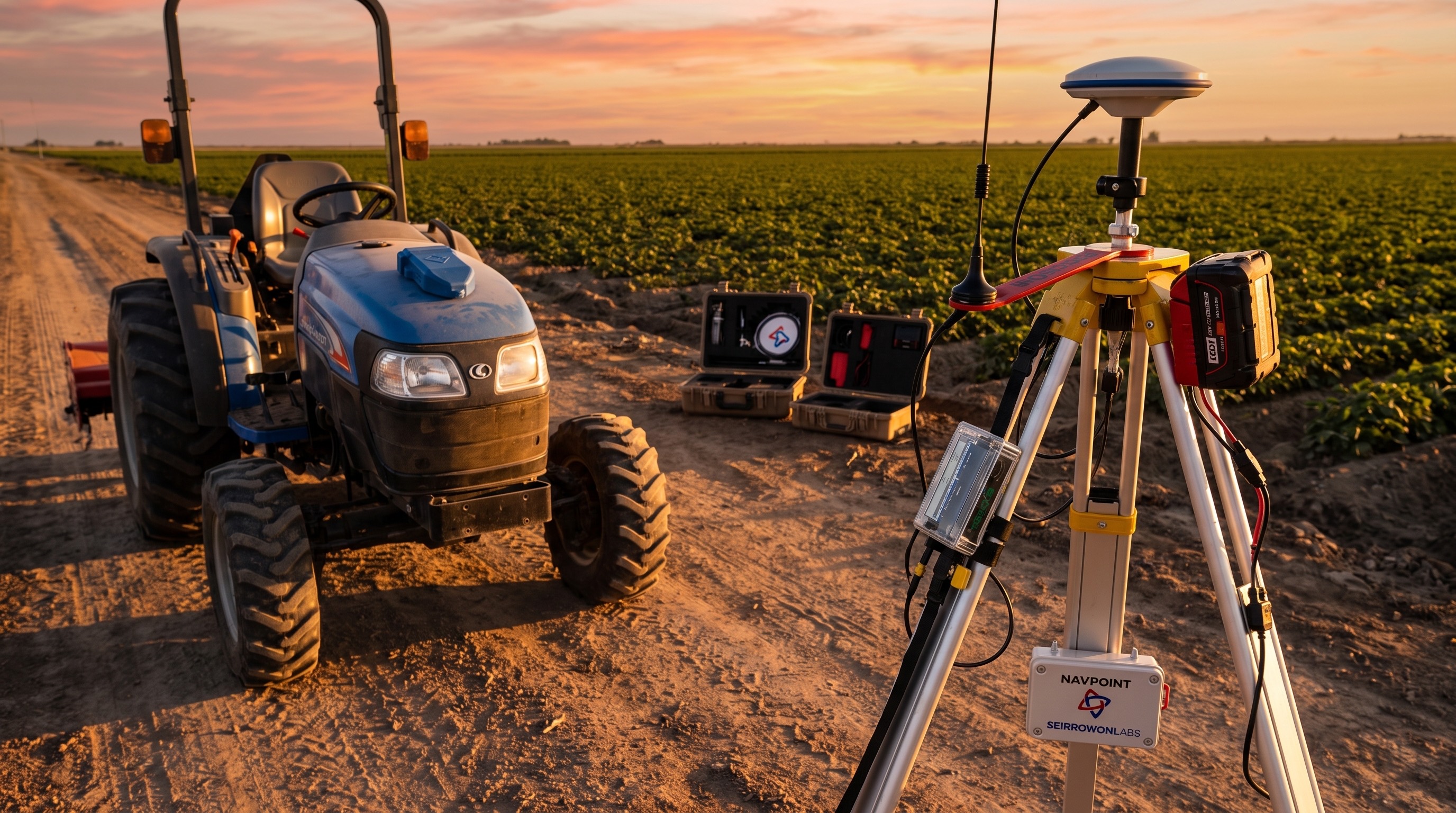 Seirrowon Labs positioning products deployed beside a tractor in a crop field at sunset